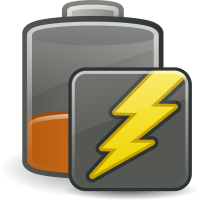 A cartoon battery with low, dark yellow charge. In front of it is a drawing of the charging symbol.